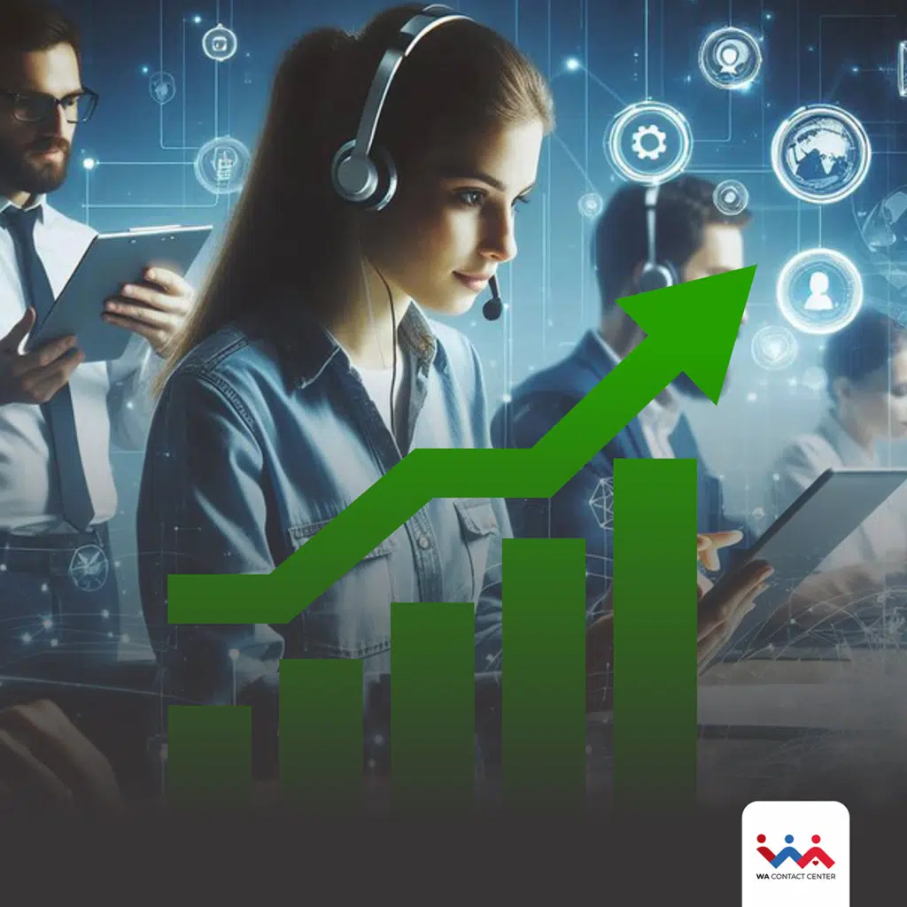 Fundo com atendentes trabalhando e imagem futurista de IA com ícones flutuantes. Em primeiro plano, um gráfico de crescimento.