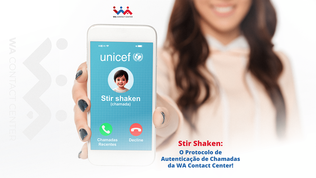 Stir Shaken - Uma mulher segurando celular com uma chamada verificada do Unicef na tela