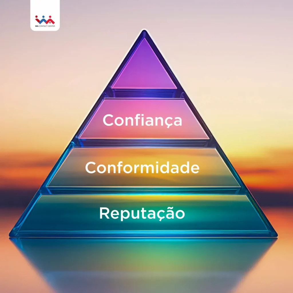 Uma pirâmide com as palavras Confiança, Conformidade e Reputação em cada nível da pirâmide.