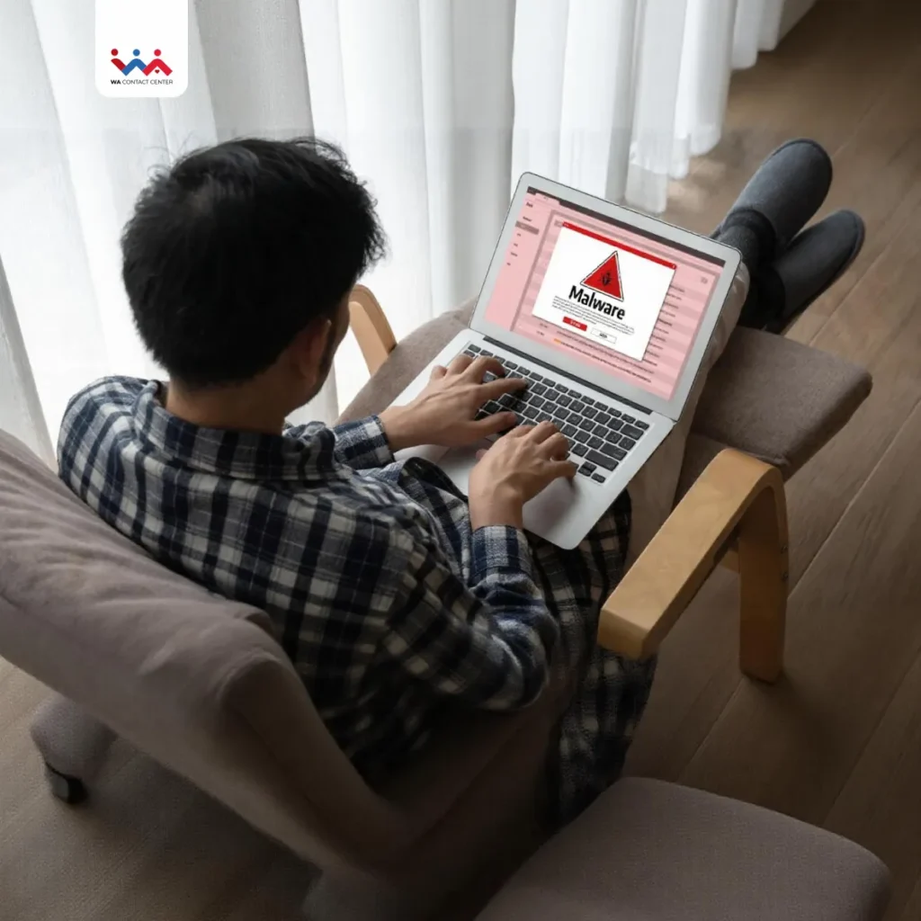Homem digitando em um leptop. Na tela a palavra Malware.