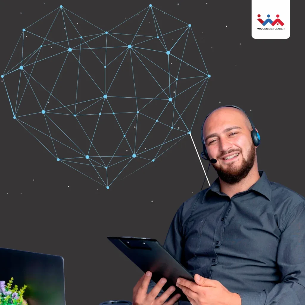Homem de cor clara, barba e haedsete, segurando um tablet. Ao fundo, pontos flutuantes interligados.